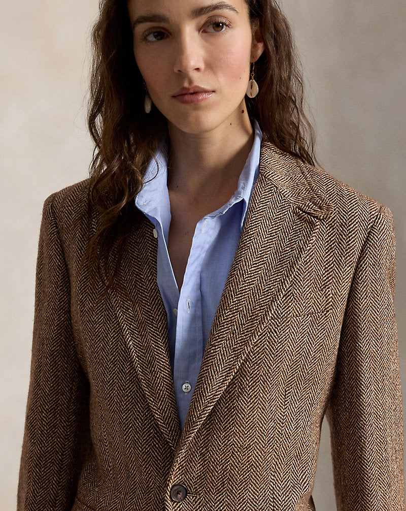 Herringbone Linen-Blend Blazer Brown/Cream Herringbone