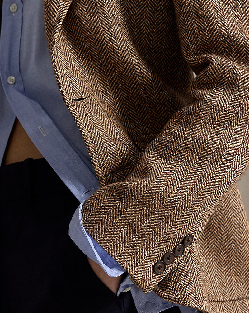 Herringbone Linen-Blend Blazer Brown/Cream Herringbone