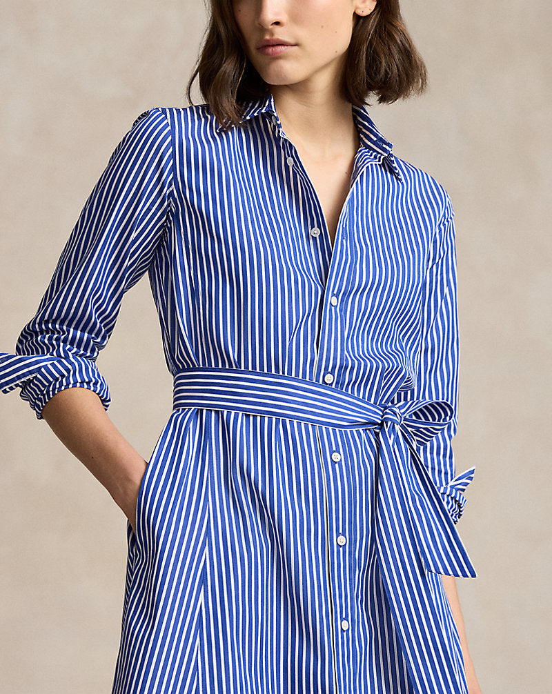 Belted Striped Cotton Shirtdress 1073b Bright Navy/ White