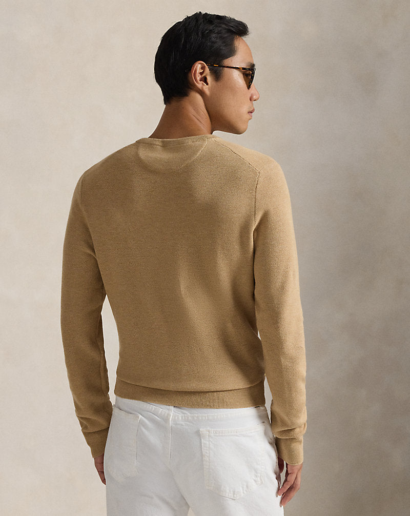 Mesh-Knit Cotton Crewneck Jumper Camel Melange