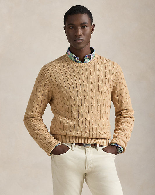 Cable-Knit Cotton Crewneck Jumper Camel Melange